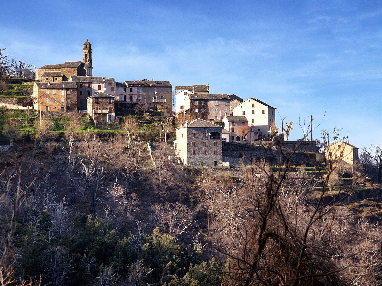 Le village de Campana étagé sur sa colline, dominé par le clocher de l’église Saint-André