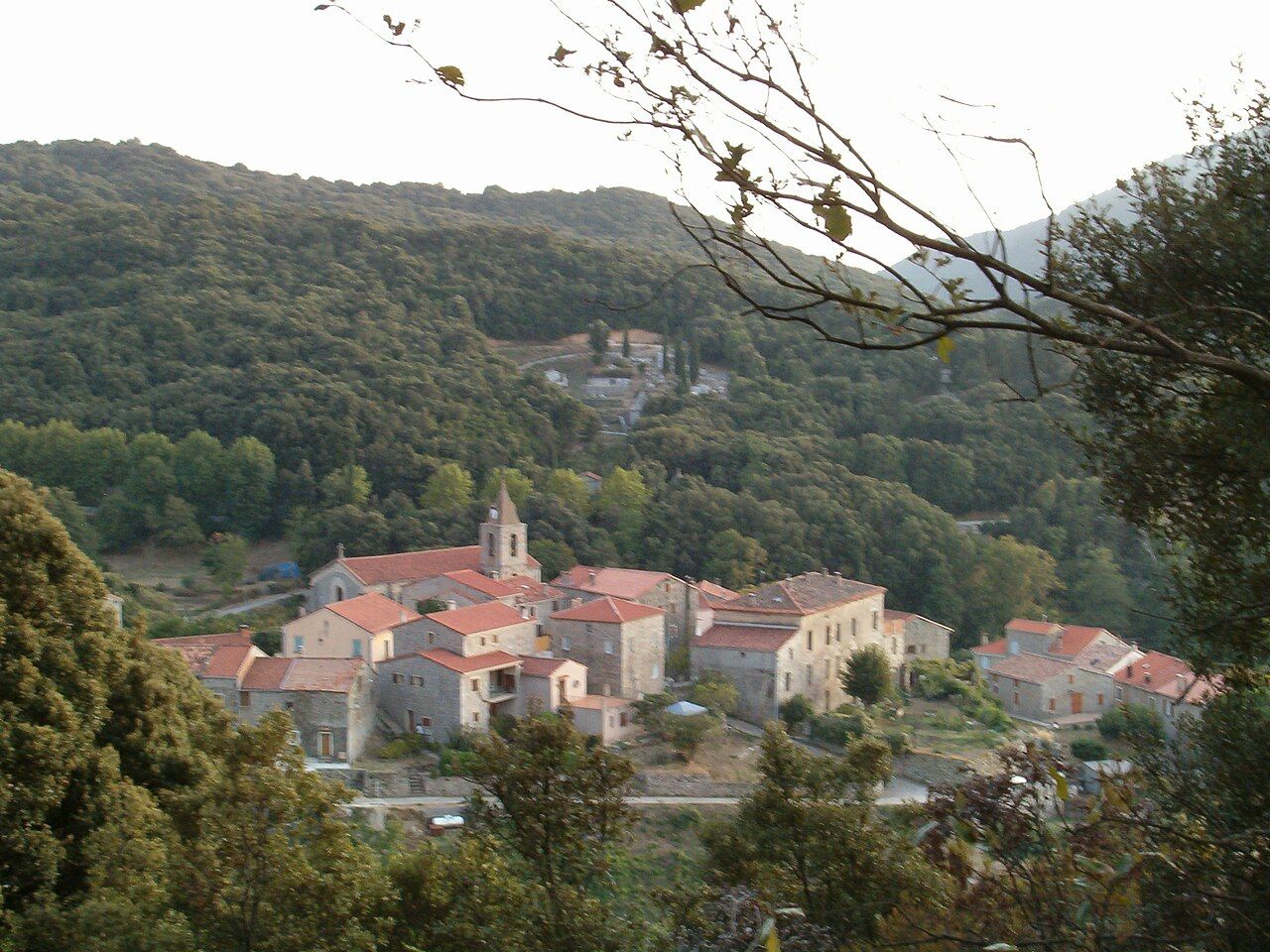 Le village groupé de Casalabriva et le clocher de son église, au pied de collines boisées