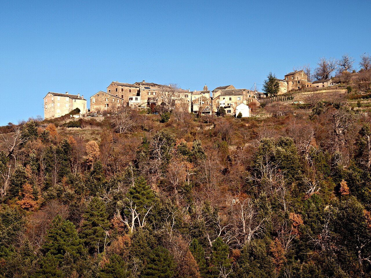 Le village de Castineta, maisons de pierre alignées sur une crête au-dessus d’un versant de chênes et de châtaigniers aux couleurs d’automne