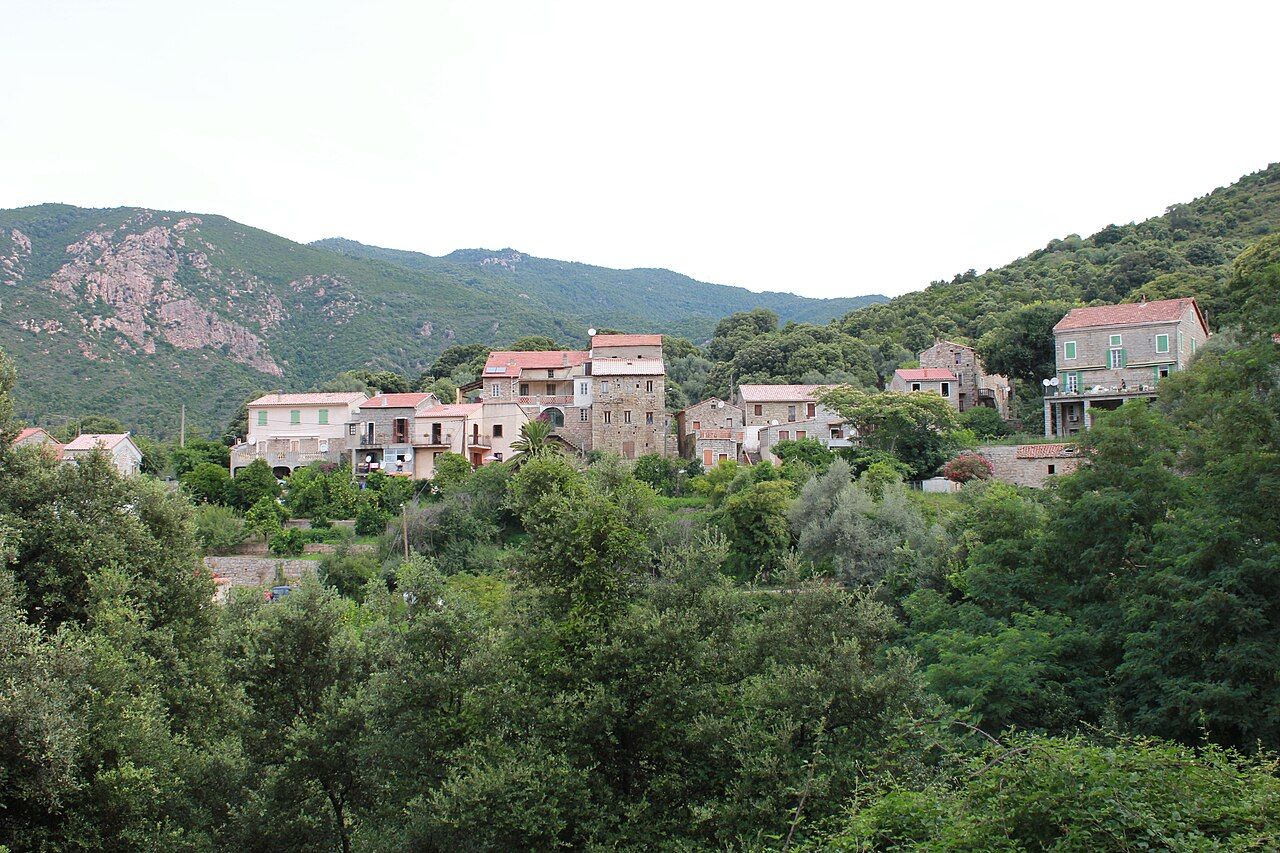 Maisons de pierre de la partie basse du village de Cognocoli, entourées de chênes verts, avec les collines de maquis en arrière-plan
