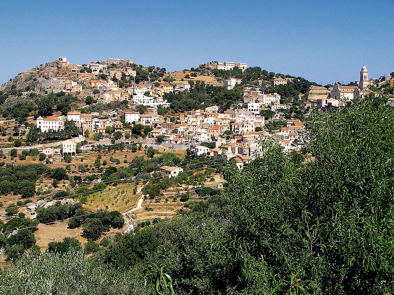 Le village de Corbara étalé sur le flanc d’une colline, au-dessus de terrasses cultivées et de maquis, avec le clocher de sa collégiale à droite