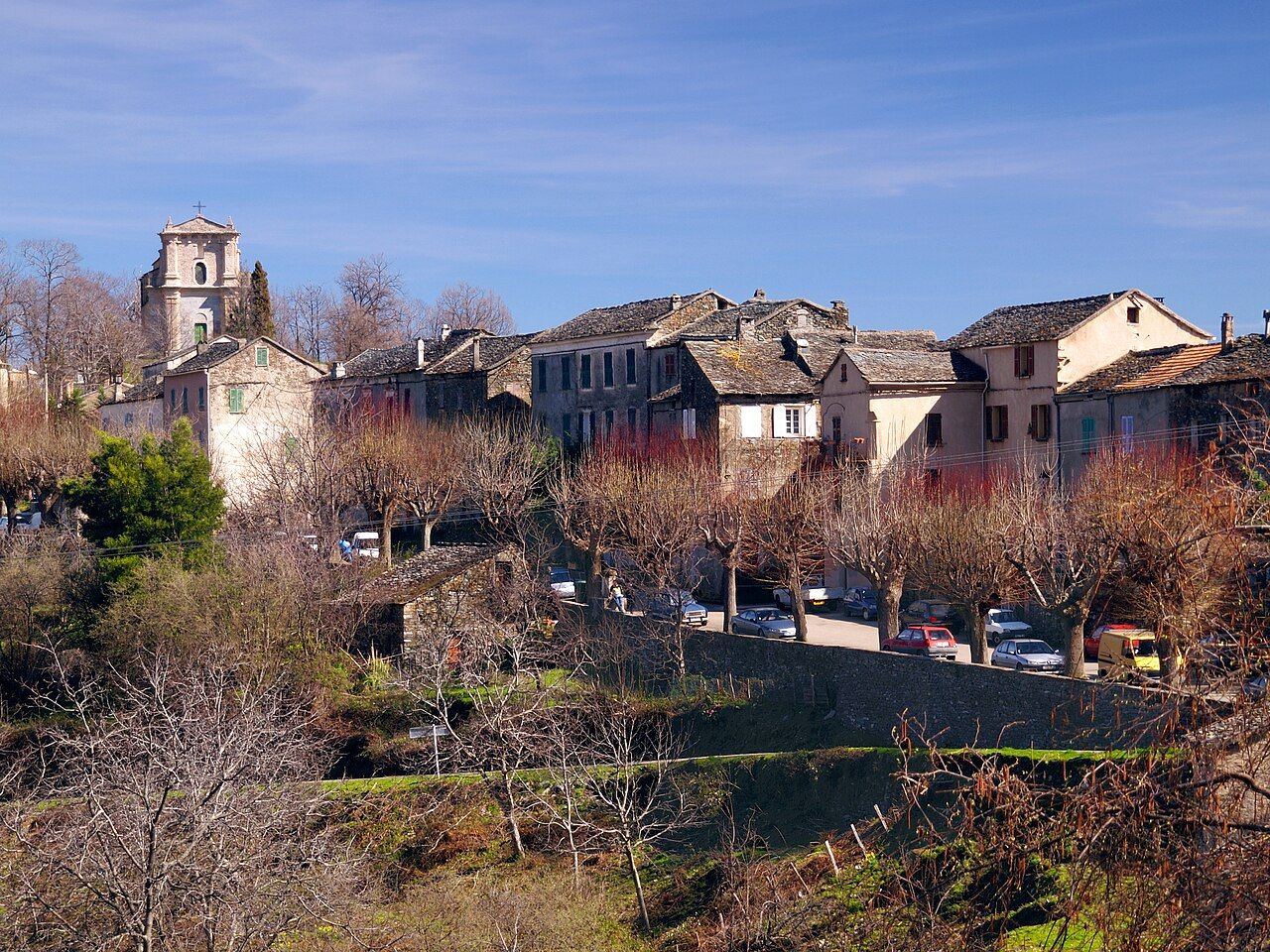 Le village de Giocatojo, ses maisons de pierre alignées sur l’arête et le clocher au fond, au milieu des châtaigniers