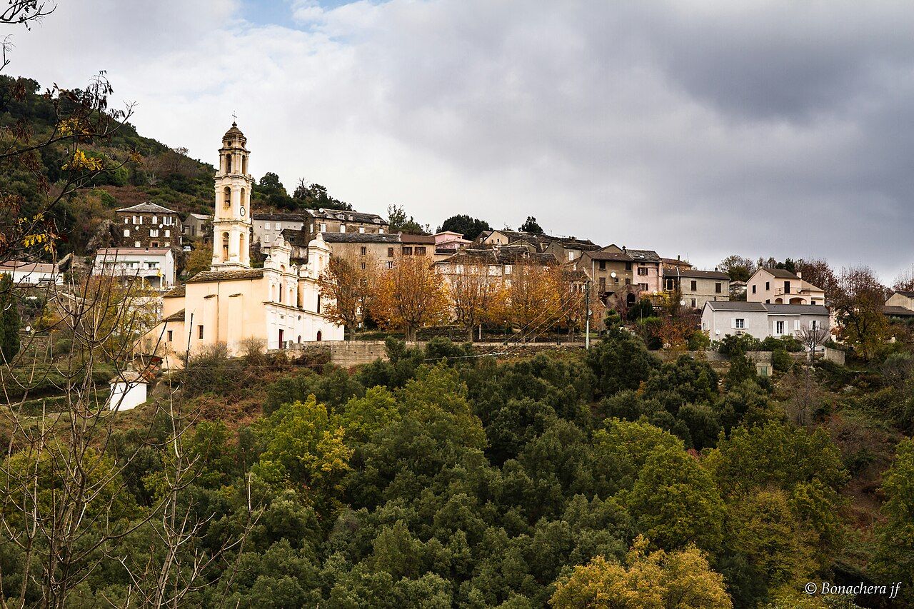 Pietra-di-Verde : l’église Saint-Élie, sa chapelle accolée et son haut campanile, devant les maisons du village, au-dessus des bois