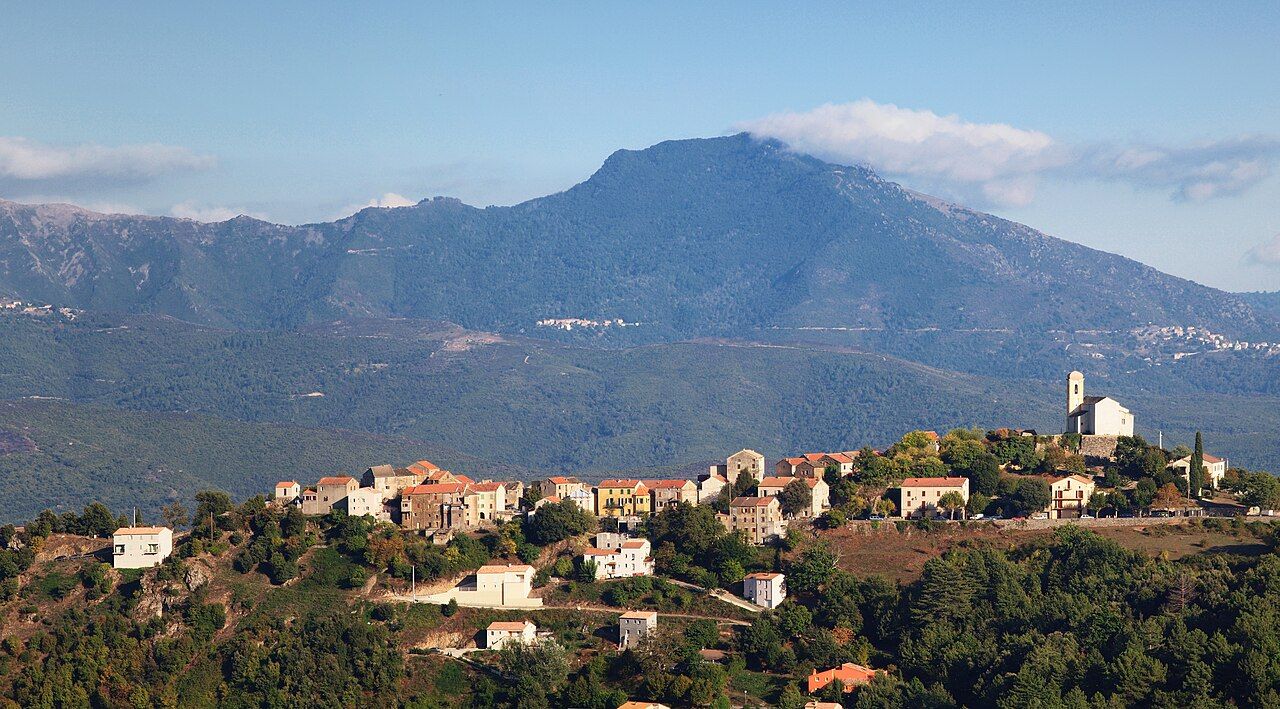 Le village de Poggio-di-Venaco étiré sur une crête boisée, avec son église, devant une large vallée et une montagne