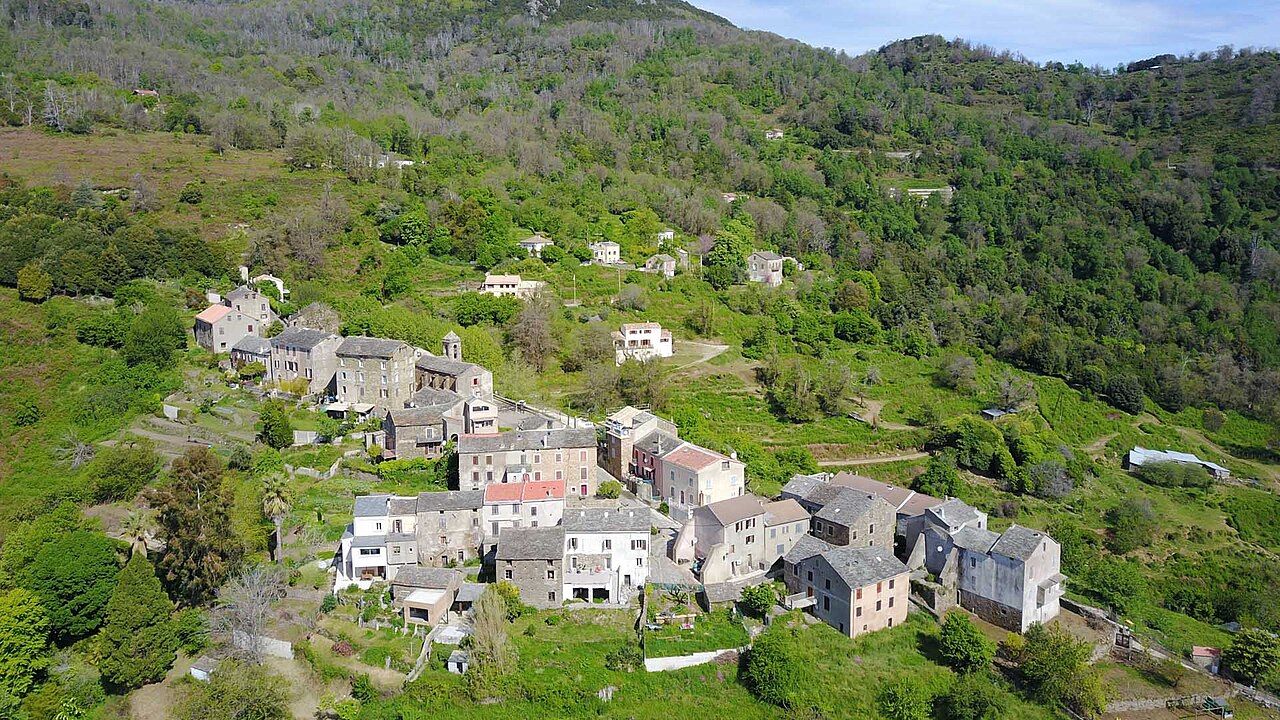 Vue plongeante sur les maisons de pierre du village de Porri, sur un versant boisé et cultivé en terrasses