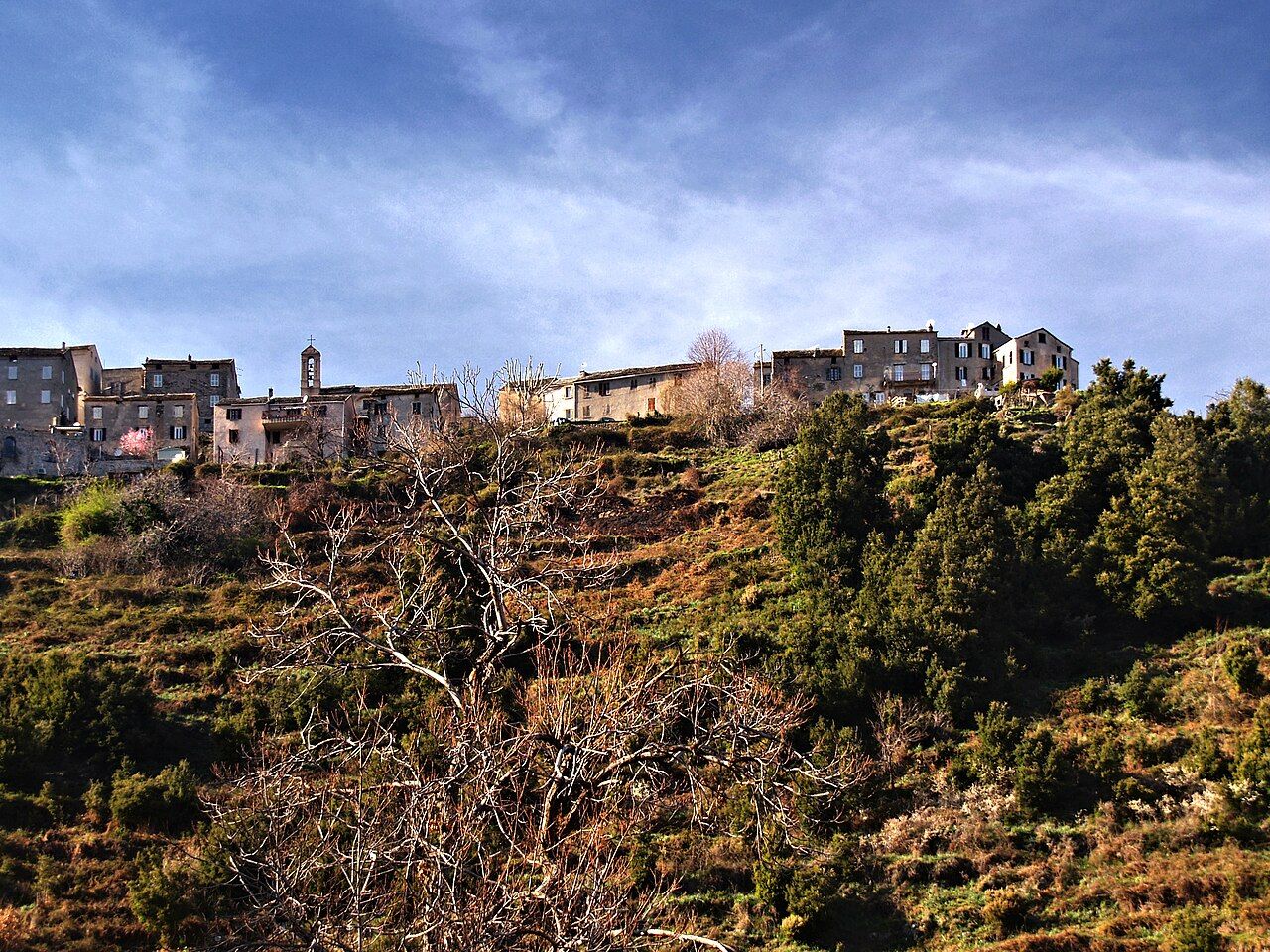 Le village de Quercitello vu depuis La Porta : maisons de pierre et petit clocher alignés au sommet d’une colline couverte de maquis et d’arbres