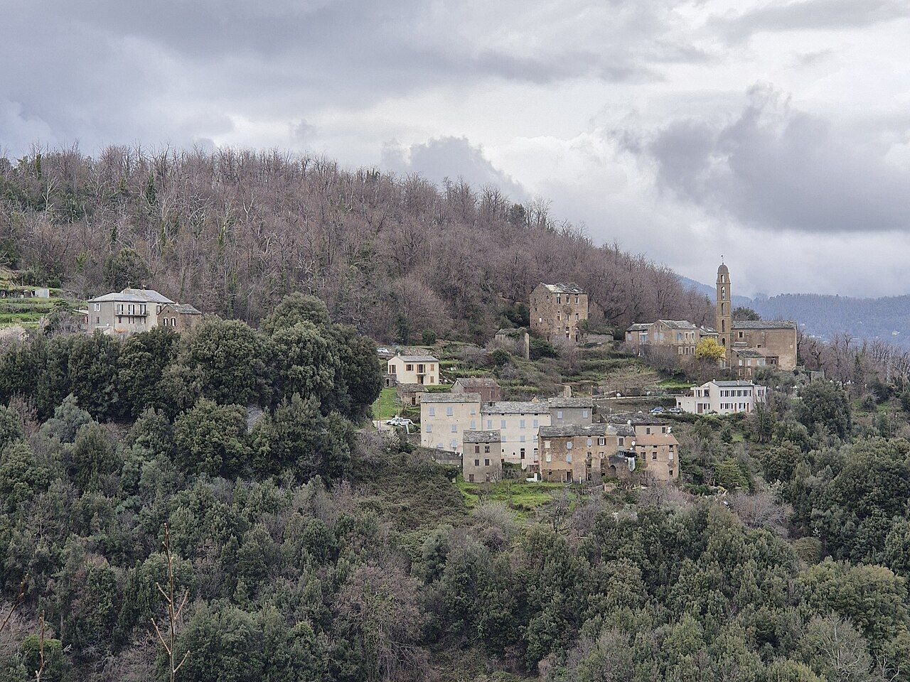 Le village de Rapaggio sur son versant boisé, avec ses maisons de pierre et le clocher à dôme de l’église, sous un ciel nuageux