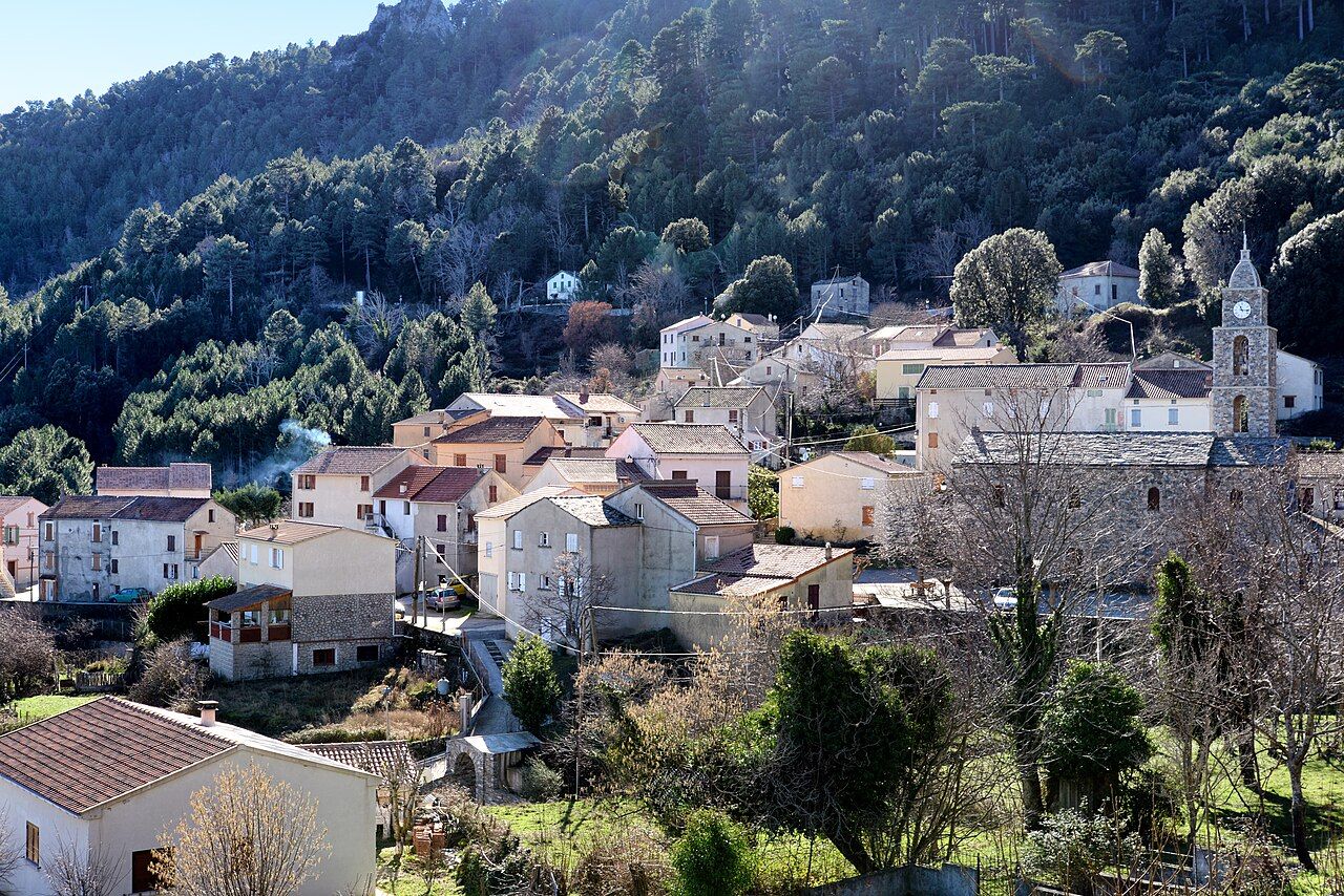 Le village de Rospigliani et le clocher de son église au pied d’une montagne couverte de pins