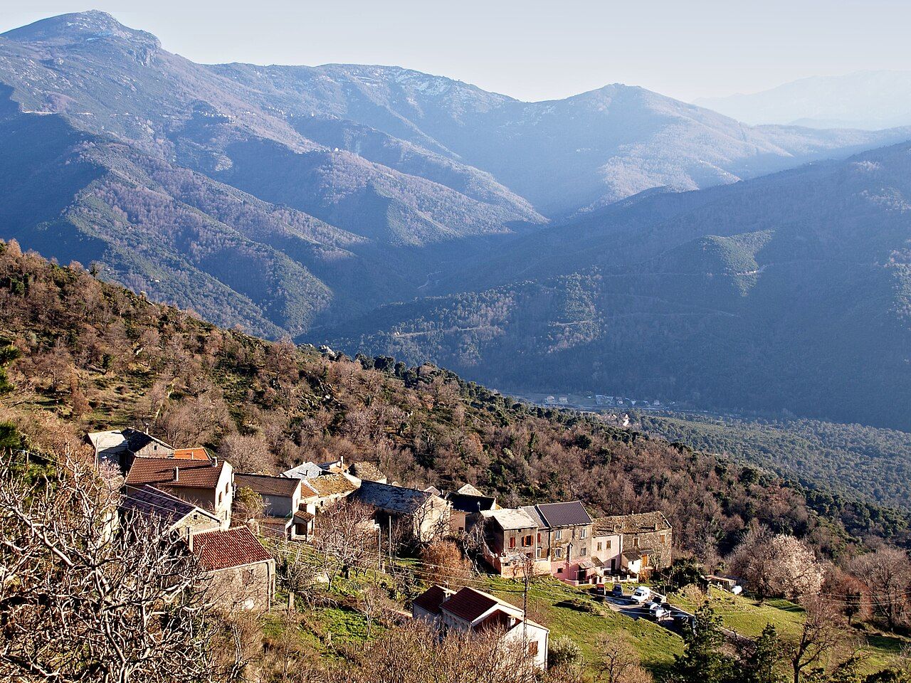 Le hameau d’Erbaggio, à Scolca, sur un versant boisé, face aux montagnes et à la vallée du Golo