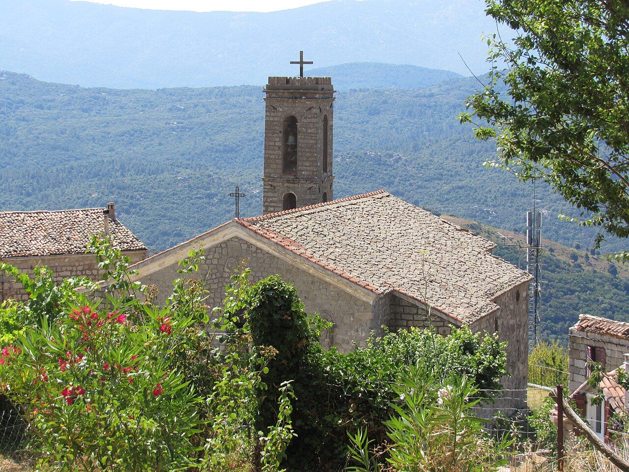 L’église Saint-Nicolas de Serra-di-Scopamène et son clocher carré, au-dessus de collines boisées