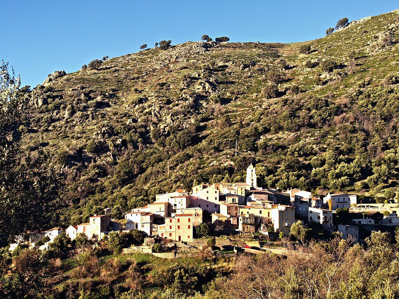 Le village de Zilia et son clocher, bâtis sur une arête au pied d’une montagne couverte de maquis